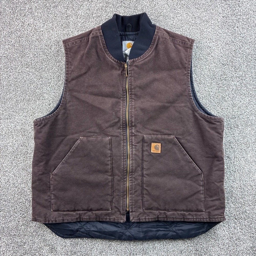 Carhartt Duck Canvas Vest Mens XL Brown Cotton Quilted Lined V02 DKB